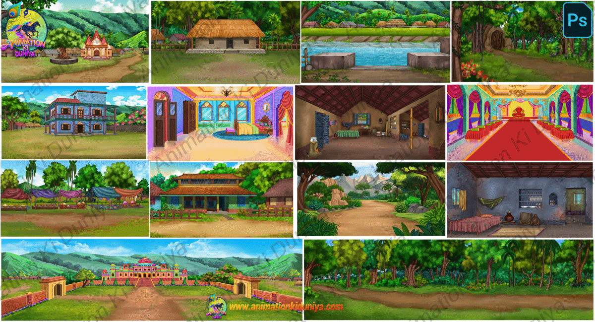 14 PSD High Quality Background Bundle ( Village ,Poor Room ,Market ,Jungle Background ,House Background ) - Image 1
