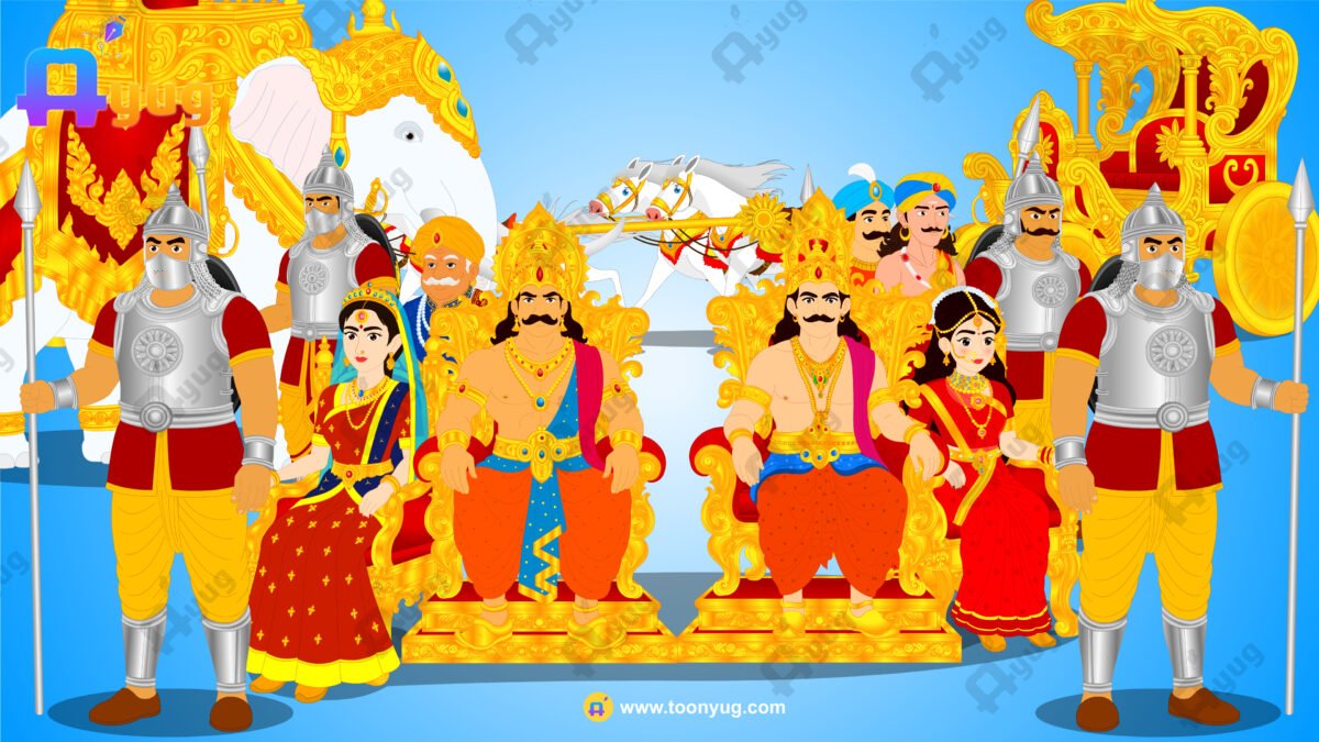 "10 Rajshahi Characters" (Normal King, Strong King, Beautiful Queen, Normal Queen, Mantri, Salahkar, Sainik, Senapati, Normal Sainik and Dwarpal), "2 Horses and Golden Chariot (Rath) Animated Set" and "Airavat Hathi" Bundle - Royal Period - Image 1