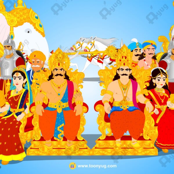 "10 Rajshahi Characters" (Normal King, Strong King, Beautiful Queen, Normal Queen, Mantri, Salahkar, Sainik, Senapati, Normal Sainik and Dwarpal), "2 Horses and Golden Chariot (Rath) Animated Set" and "Airavat Hathi" Bundle - Royal Period