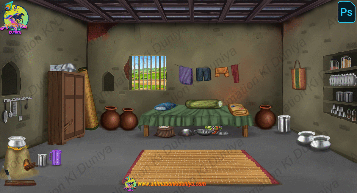 Indian Village Background - Inside Poor Room -Poor Bedroom - Cartoon Background - Image 1