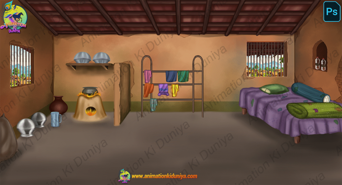 Indian Village Background - Inside Poor Room -Poor Bedroom - Cartoon Background - Image 1