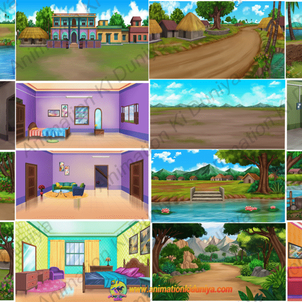 16 PSD High Quality Background Bundle ( Village ,Poor Room ,Jungle Background ,House Background , Nadi )